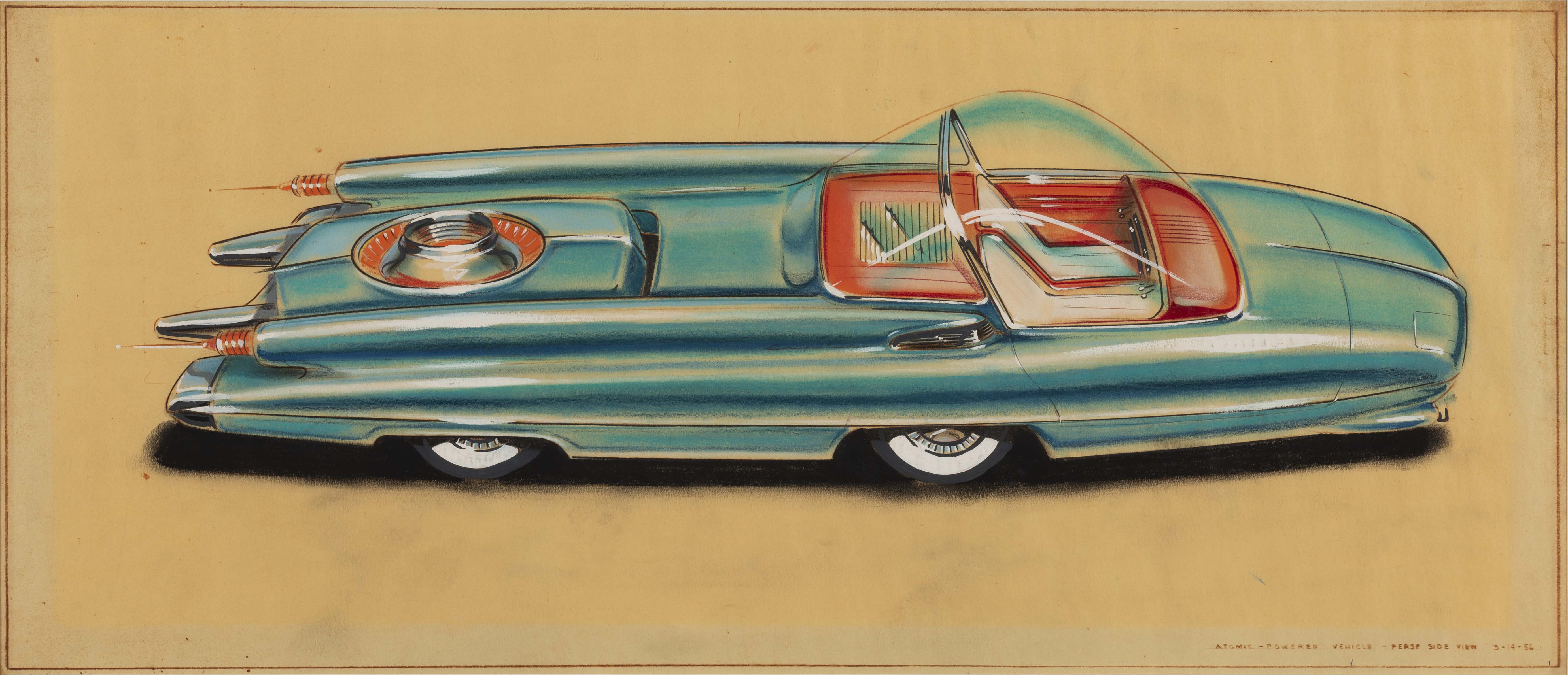 Ford Nucleon Atomic Powered Vehicle, Rear Side View, 1956, Albert L. Mueller, American; gouache, pastel, prismacolor, brown-line print on vellum.